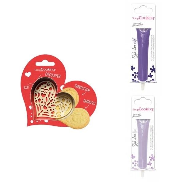 Kit Pour Biscuit En Relief Coeur + 2 Stylos Au Chocolat Violet Et Lilas 1 Kit Pour Biscuit En Relief Coeur + 2 Stylos Au Chocolat Violet Et Lilas
