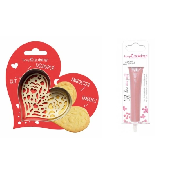 Kit Pour Biscuit En Relief Coeur + Stylo Au Chocolat Rose Pastel 1 Kit Pour Biscuit En Relief Coeur + Stylo Au Chocolat Rose Pastel