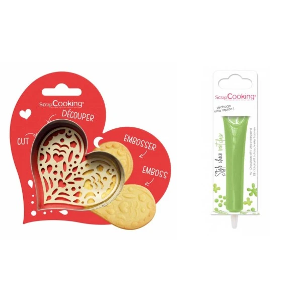 Kit Pour Biscuit En Relief Coeur + Stylo Au Chocolat Vert Clair 1 Kit Pour Biscuit En Relief Coeur + Stylo Au Chocolat Vert Clair
