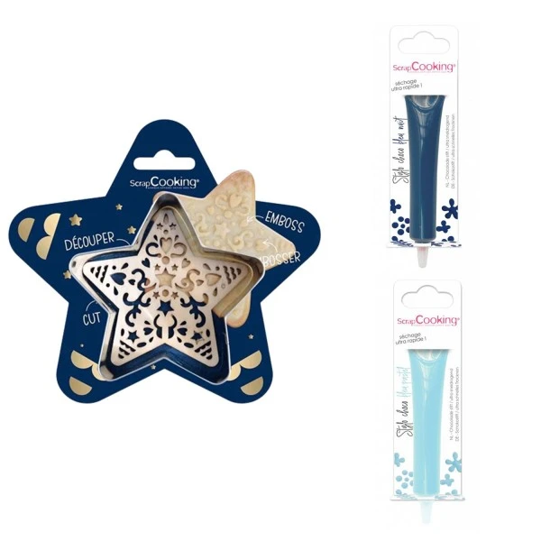 Kit Pour Biscuit En Relief Étoile + 2 Stylos Au Chocolat Bleu Nuit Et Bleu Pastel 1 Kit Pour Biscuit En Relief Étoile + 2 Stylos Au Chocolat Bleu Nuit Et Bleu Pastel