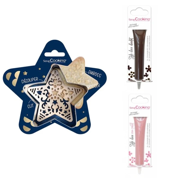 Kit Pour Biscuit En Relief Étoile + 2 Stylos Au Chocolat Marron Et Rose Pastel 1 Kit Pour Biscuit En Relief Étoile + 2 Stylos Au Chocolat Marron Et Rose Pastel
