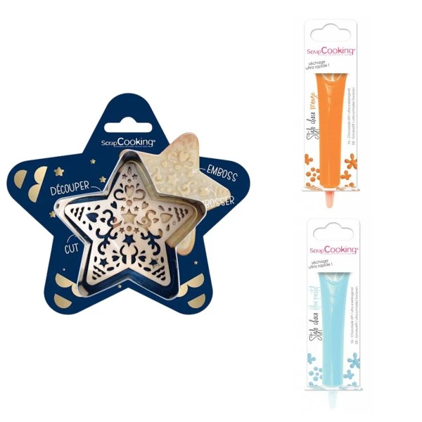 Kit Pour Biscuit En Relief Étoile + 2 Stylos Au Chocolat Orange Et Bleu Pastel 1 Kit Pour Biscuit En Relief Étoile + 2 Stylos Au Chocolat Orange Et Bleu Pastel