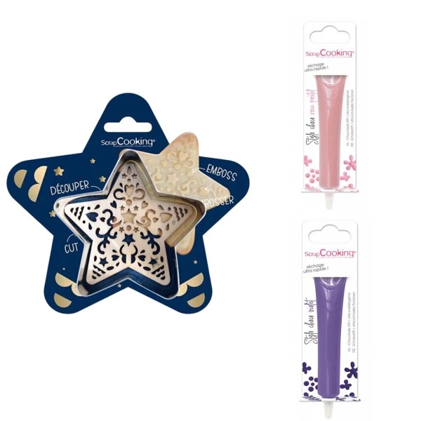 Kit Pour Biscuit En Relief Étoile + 2 Stylos Au Chocolat Rose Pastel Et Violet 1 Kit Pour Biscuit En Relief Étoile + 2 Stylos Au Chocolat Rose Pastel Et Violet