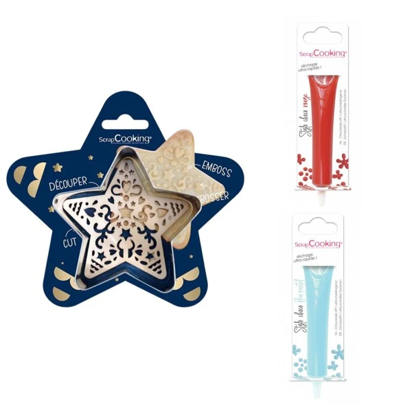 Kit Pour Biscuit En Relief Étoile + 2 Stylos Au Chocolat Rouge Et Bleu Pastel 1 Kit Pour Biscuit En Relief Étoile + 2 Stylos Au Chocolat Rouge Et Bleu Pastel