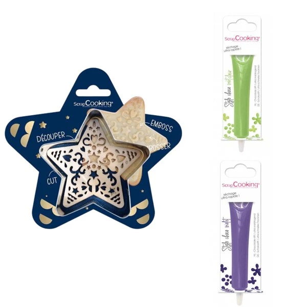 Kit Pour Biscuit En Relief Étoile + 2 Stylos Au Chocolat Vert Clair Et Violet 1 Kit Pour Biscuit En Relief Étoile + 2 Stylos Au Chocolat Vert Clair Et Violet