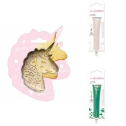 Kit Pour Biscuit En Relief Licorne + 2 Stylos Au Chocolat Blanc Et Vert