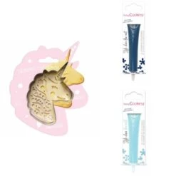 Kit Pour Biscuit En Relief Licorne + 2 Stylos Au Chocolat Bleu Nuit Et Bleu Pastel