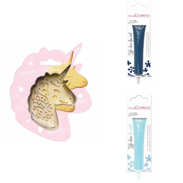 Kit Pour Biscuit En Relief Licorne + 2 Stylos Au Chocolat Bleu Nuit Et Bleu Pastel 1 Kit Pour Biscuit En Relief Licorne + 2 Stylos Au Chocolat Bleu Nuit Et Bleu Pastel