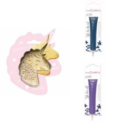 Kit Pour Biscuit En Relief Licorne + 2 Stylos Au Chocolat Bleu Nuit Et Violet