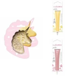 Kit Pour Biscuit En Relief Licorne + 2 Stylos Au Chocolat Jaune Pastel Et Rose Pastel