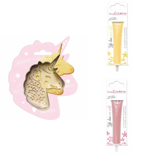 Kit Pour Biscuit En Relief Licorne + 2 Stylos Au Chocolat Jaune Pastel Et Rose Pastel 1 Kit Pour Biscuit En Relief Licorne + 2 Stylos Au Chocolat Jaune Pastel Et Rose Pastel