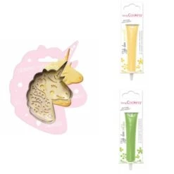 Kit Pour Biscuit En Relief Licorne + 2 Stylos Au Chocolat Jaune Pastel Et Vert Clair