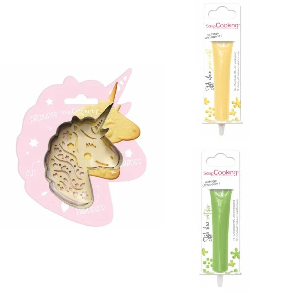 Kit Pour Biscuit En Relief Licorne + 2 Stylos Au Chocolat Jaune Pastel Et Vert Clair 1 Kit Pour Biscuit En Relief Licorne + 2 Stylos Au Chocolat Jaune Pastel Et Vert Clair