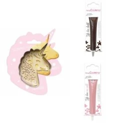 Kit Pour Biscuit En Relief Licorne + 2 Stylos Au Chocolat Marron Et Rose Pastel
