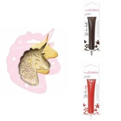 Kit Pour Biscuit En Relief Licorne + 2 Stylos Au Chocolat Marron Et Rouge