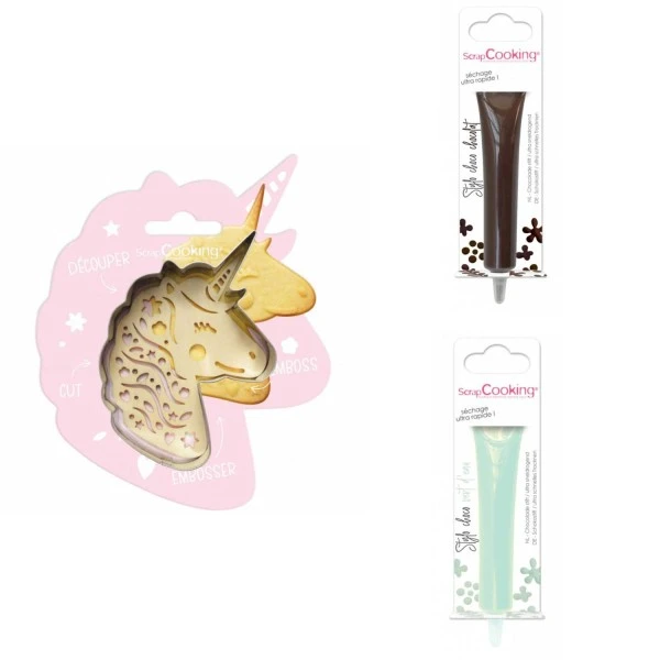 Kit Pour Biscuit En Relief Licorne + 2 Stylos Au Chocolat Marron Et Vert D'eau 1 Kit Pour Biscuit En Relief Licorne + 2 Stylos Au Chocolat Marron Et Vert D'eau
