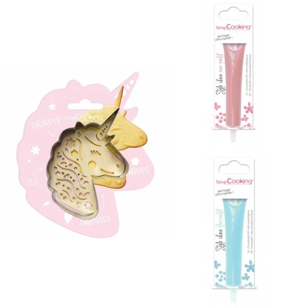 Kit Pour Biscuit En Relief Licorne + 2 Stylos Au Chocolat Rose Pastel Et Bleu Pastel 1 Kit Pour Biscuit En Relief Licorne + 2 Stylos Au Chocolat Rose Pastel Et Bleu Pastel
