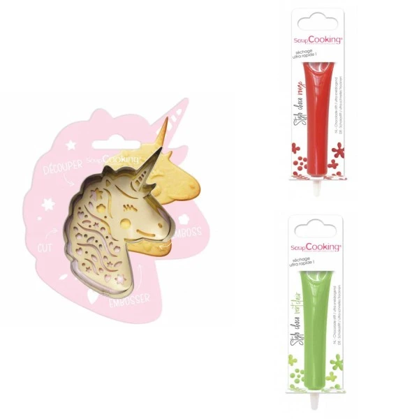 Kit Pour Biscuit En Relief Licorne + 2 Stylos Au Chocolat Rouge Et Vert Clair 1 Kit Pour Biscuit En Relief Licorne + 2 Stylos Au Chocolat Rouge Et Vert Clair