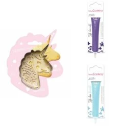 Kit Pour Biscuit En Relief Licorne + 2 Stylos Au Chocolat Violet Et Bleu Pastel