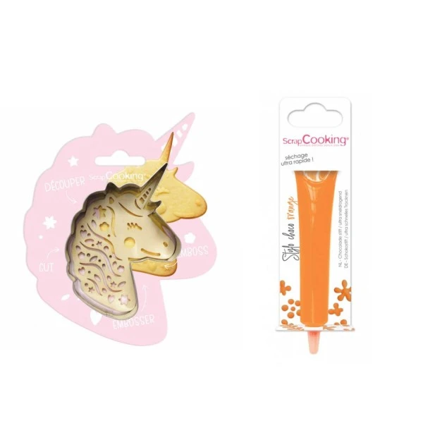 Kit Pour Biscuit En Relief Licorne + Stylo Au Chocolat Orange 1 Kit Pour Biscuit En Relief Licorne + Stylo Au Chocolat Orange