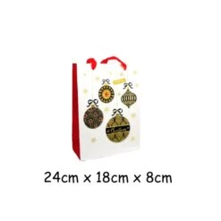 Pochette Cadeau Papier Cartonné Glacé Motif Boule De Noël Doré, Noir, Rouge Et Blanc