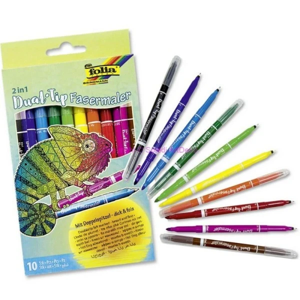 FOLIA Pochette De 10 Stylos Feutres, Couleurs Assorties, Marqueur à Double Pointes: Fine 0,5mm Et Large 2m 1 FOLIA Pochette De 10 Stylos Feutres, Couleurs Assorties, Marqueur à Double Pointes: Fine 0,5mm Et Large 2m