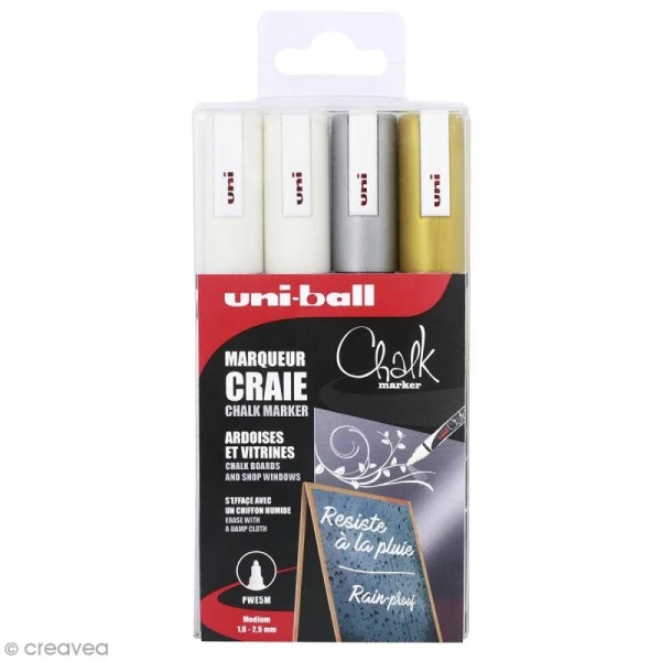 Set Marqueurs Craie Chalk Brillant UNI - Pointe Conique Moyenne 1,8 à 2,5 Mm - 4 Marqueurs 1 Set Marqueurs Craie Chalk Brillant UNI - Pointe Conique Moyenne 1,8 à 2,5 Mm - 4 Marqueurs